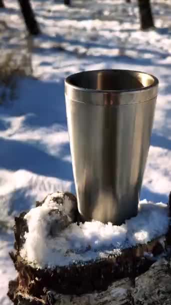 배경에 대하여 떠다니는 뜨거운 음료를 Thermos — 비디오
