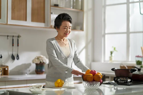 Senior Asian Woman Standing Modern Kitchen Home Getting Ready Prepare — Stock Photo, Image