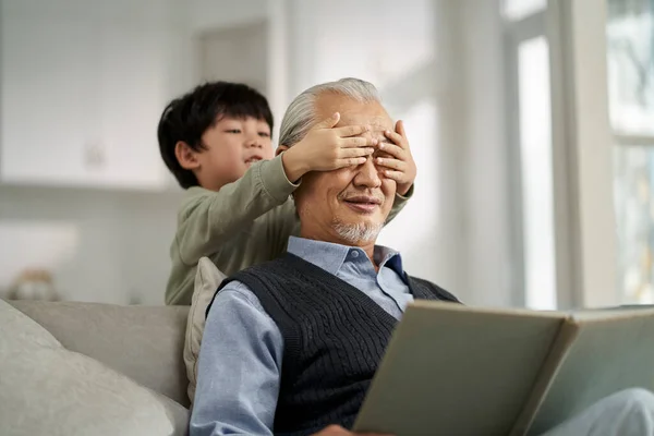 Senior Asian Grandfather Having Good Time Grandson Home — Stock Photo, Image