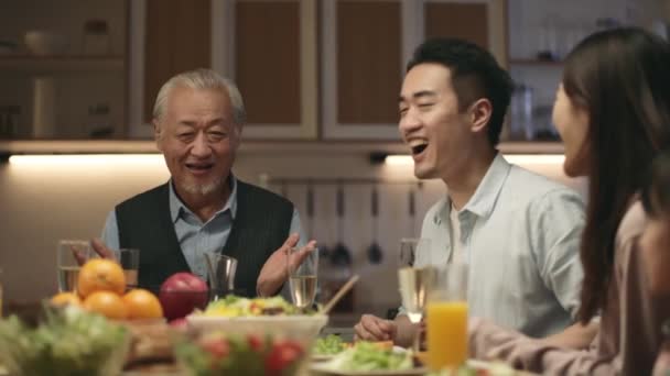 Three Generation Asian Family Gathering Home Celebrating Holiday Having Toast — Stock Video
