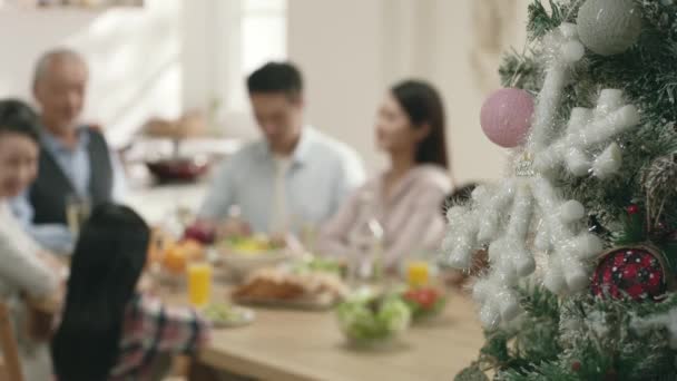Three Generation Asian Family Chatting While Eating Meal Home Christmas — Stock Video