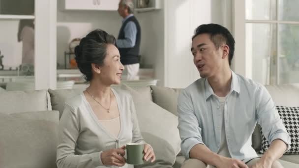 Young Asian Adult Son Having Pleasant Conversation Senior Mother Home — 图库视频影像