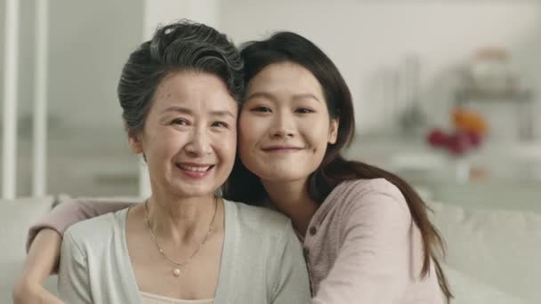 Asian Senior Mother Adult Daughter Looking Camera Smiling — Video