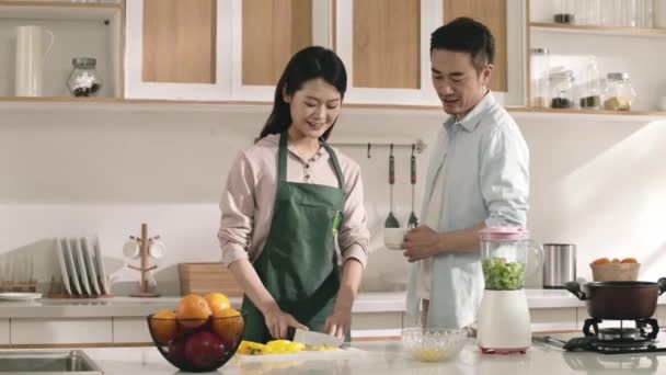 Young Asian Couple Chatting While Preparing Food Kitchen Home — Stock Video