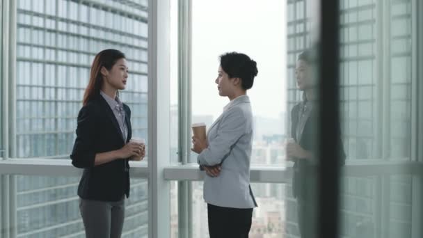 Two Asian Business Women Standing Chatting Window Modern Office — Stock Video