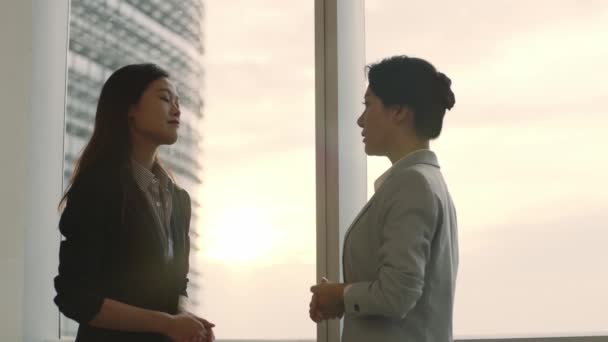 Two Young Asian Colleagues Standing Window Office Having Conversation — Stock Video