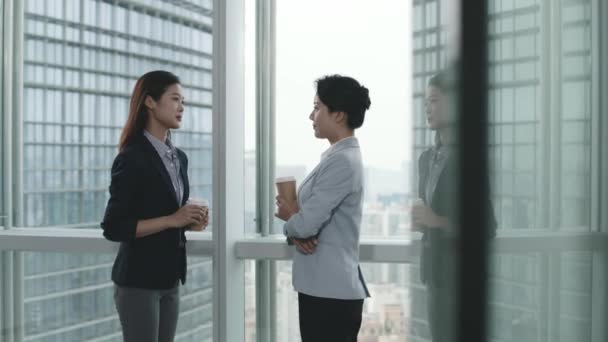 Dua Pengusaha Wanita Asia Berdiri Dan Mengobrol Dekat Jendela Kantor — Stok Video