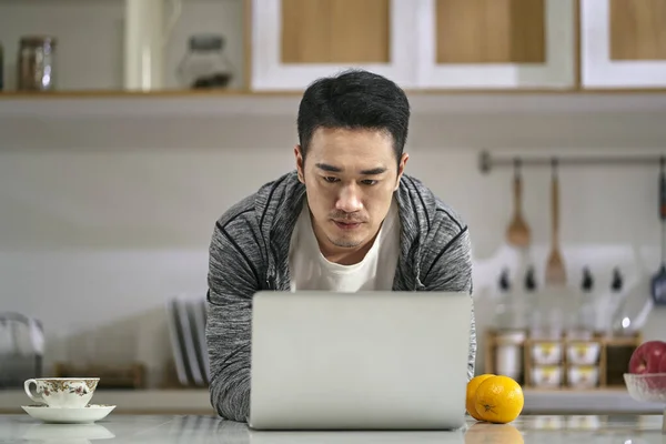 집에서 노트북 컴퓨터를 사용하여 부엌에서 일하는 아시아인 사업가 — 스톡 사진