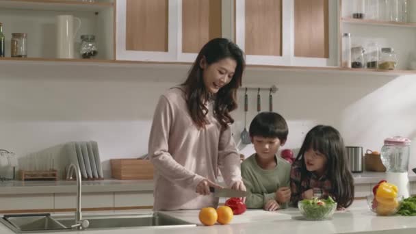 Jovem Asiático Mãe Preparar Refeição Cozinha Com Duas Crianças Assistindo — Vídeo de Stock
