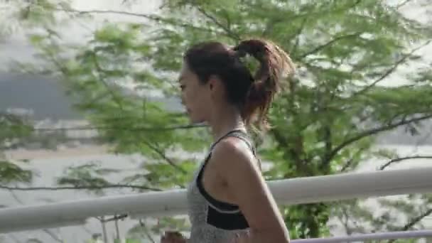 Side View Young Asian Woman Female Athlete Running Jogging Outdoors — Stock Video
