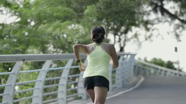 亚洲年轻人在公园里慢跑的后视镜 — 图库视频影像