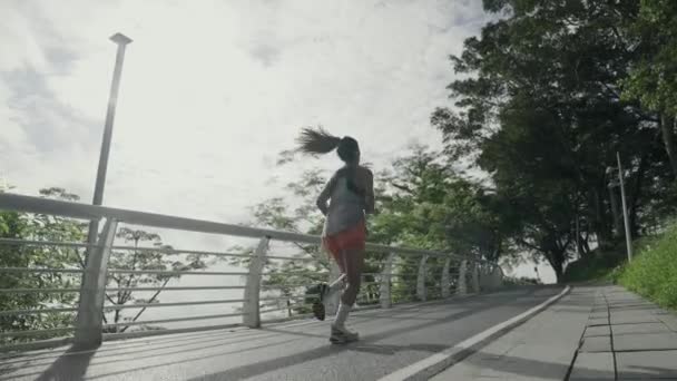 亚洲年轻人在公园里慢跑的后视镜 — 图库视频影像