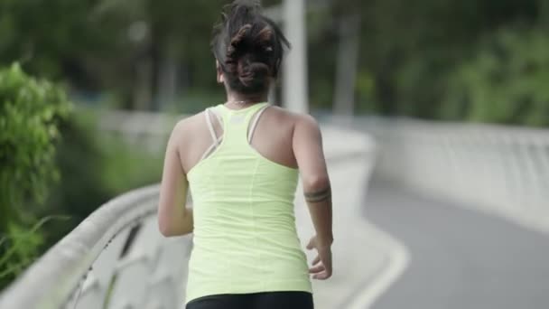 Rear View Young Asian Woman Jogging Running Exercising Outdoors Park — 图库视频影像