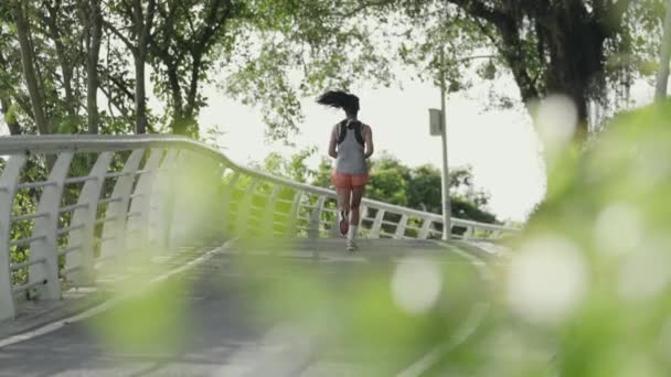 亚洲年轻女子在公园里慢跑的后视镜 — 图库视频影像