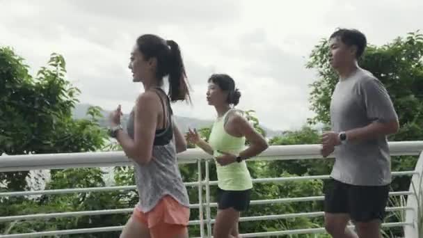 Jóvenes Asiáticos Corriendo Jogging Aire Libre Parque — Vídeo de stock