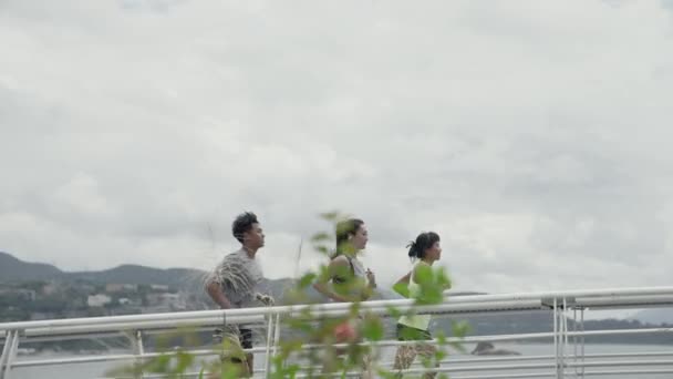 3人の若いアジア人が 海辺で屋外に出かけ — ストック動画