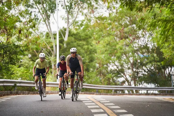 三位年轻的亚洲成年人骑单车在乡村道路上骑单车 图库图片