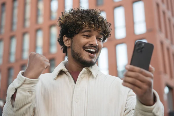Overjoyed Indian Man Using Smartphone Shopping Online Sales Emotional Asian — Stock Photo, Image