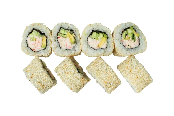 Jogo Sushi Rolos Fundo Branco — Fotografia de Stock