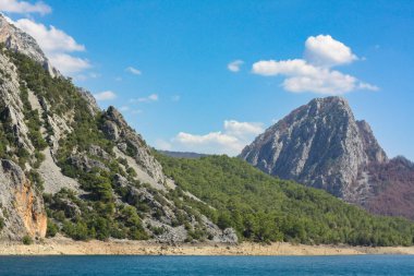 Yeşil kanyonda dağlar ve göl kıyıları