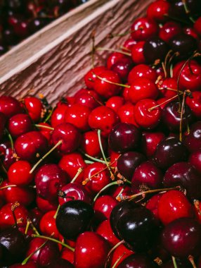 Kırsal ahşap kasalarda toplanan kırmızı kirazlar.