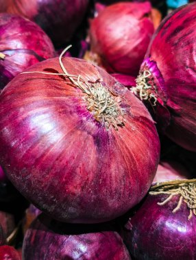 Taze kırmızı soğanların dikey yakın çekimi