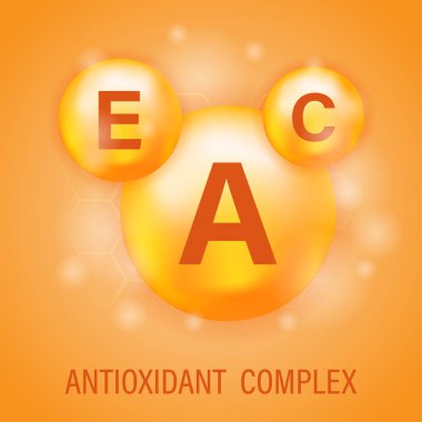 A vitamini, C vitamini, E simgesi. Antioksidan kompleksi. Vektör gerçekçi vitamin altın kapsülleri. Altın yuvarlak kapsüller. Vektör illüstrasyonu