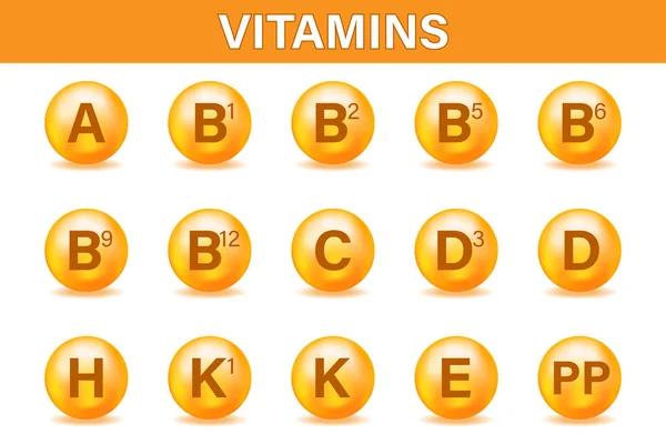 マルチビタミン複合体のアイコンのセット マルチビタミンサプリメント ビタミンA グループB B12 必須ビタミン複合体 — ストックベクタ