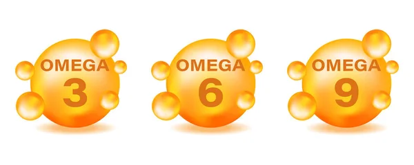 Set Golden Drops Omega Icons Polyunsaturated Fats Omega Omega Omega — Stock Vector