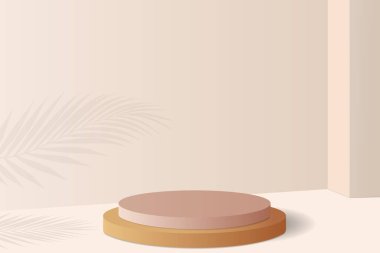 Üç boyutlu soyut bir stüdyo ve bir kürsü. Arkaplan vektörü 3D, podyum ile hazırlanıyor. Kozmetik ürünlerin tanıtımı için. Sahne 3 boyutlu vitrin bej renkli bir stüdyoda. 