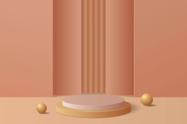 Üç boyutlu soyut bir stüdyo ve bir kürsü. Soyut silindirik podyum kaidesi, açık kahverengi boş salon, dikey çizgiler. Bir kozmetik ürünün sunumu. 