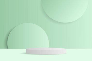 Üç boyutlu soyut bir stüdyo ve bir kürsü. Dairesel arka planı örtüşen pastel-yeşil geometrik bir platform. Kozmetik ürünlerin tanıtımı için modern bir minimalist aşama.