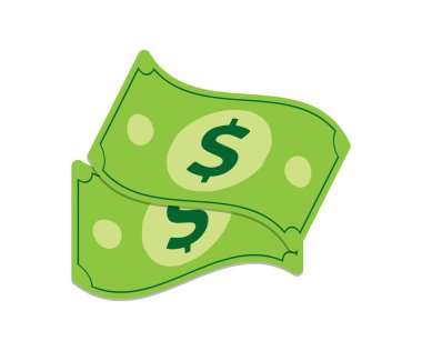 Money icon, dollar bills, currency. Banknotes, financial composition. Paper bills. Vector illustration. Paper dollar bills isolated on a white background.