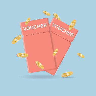 Discount coupon with coins. Design of a cashback voucher card template with a coupon promo code. Premium special price offers for coupon sale. Vector illustration