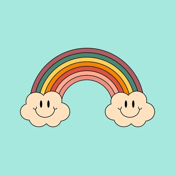 Regenboog Met Glimlachende Wolken Kleurrijke Vector Illustratie Vintage Hippie Stijl Stockvector