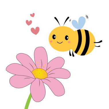 Şirin bir arı bir çiçeğin üzerinde uçuyor. Düz bir şekilde vektör illüstrasyonu. Gülen bir arı pembe bir çiçeğin üzerinde uçar. Beyaz arka planda izole edilmiş nektar ve pembe kalplerle. Tasarım ögesi, kartpostal, bardak izi, vs..