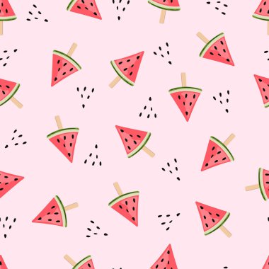 Pembe arka planda kusursuz karpuzlu dondurma kalıbı. Vektör arkaplanı. Düz dizayn. Tekstil, baskı, bebek ürünleri, arkaplan oluşturma veya ambalaj kağıdı için ideal.