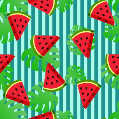 Çizgili arka planda kusursuz karpuz deseni ve tropik yapraklar. Vektör arkaplanı. Düz dizayn. Tekstil, baskı, arkaplan oluşturma veya paketleme kağıdı için ideal.