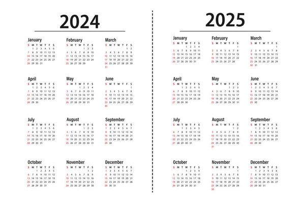 Kalender Voor 2024 2025 Week Begint Zondag Basis Bedrijfsmodel Zondag — Stockvector