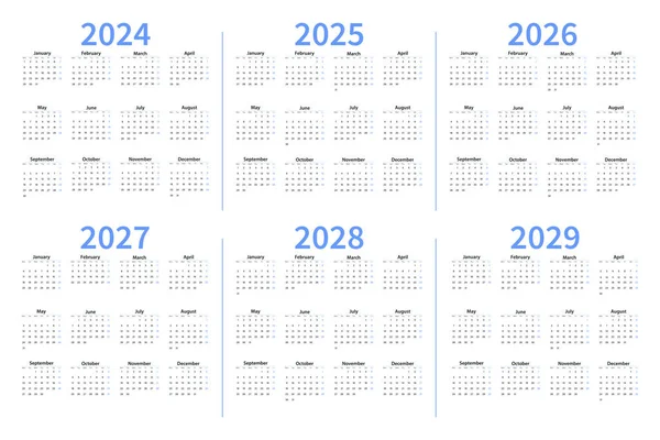 2024, 2025, 2026, 2027, 2028, 2029 yılı, haftası, pazartesiden itibaren, şirket tasarım planlama şablonu. Yıl ve Pazar maviyle işaretlenmiş. Beyaz arkaplanda altı takvim var.