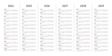  Takvim şablonu 2024, 2025, 2026, 2027, 2028, 2029. Hafta pazar günü başlıyor. Günlük planlama, şirket ve iş takvimi. Organizatör. Aylık takvim. Günlük planlamacı. Cumartesi ve Pazar kırmızıyla işaretlenmiş