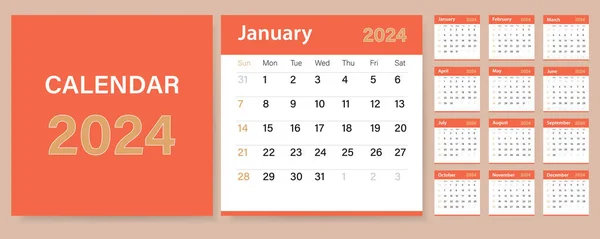 Шаблон Календаря 2024 Помаранчевим Тиждень Починається Неділю Простий Мінімалістичний Класичний — стоковий вектор