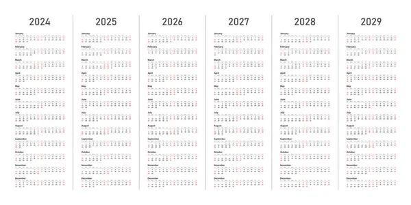  Takvim şablonu 2024, 2025, 2026, 2027, 2028, 2029. Hafta pazar günü başlıyor. Günlük planlama, şirket ve iş takvimi. Organizatör. Aylık takvim. Günlük planlamacı. Cumartesi ve Pazar kırmızıyla işaretlenmiş