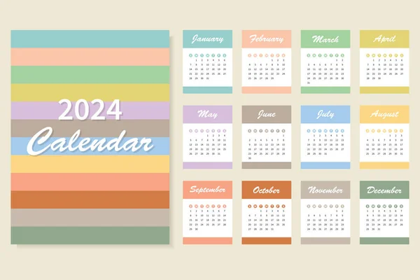 Кольоровий Календар 2024 Рік Тиждень Починається Неділю Щорічник Організатора Простий — стоковий вектор