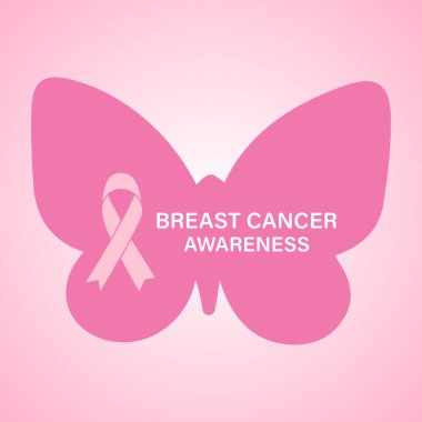 Göğüs kanseri farkındalığı. Pembe kurdeleli vektör kelebeği, yaratıcı arka plan ve sağlık farkındalığı metni.