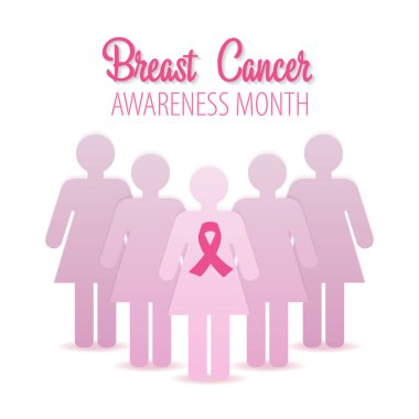 Ekim meme kanseri farkındalığı kampanyası. Pembe kurdeleli kağıt kızların siluetleri. Vektör illüstrasyonu