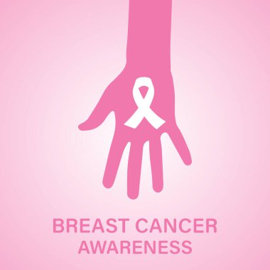  Göğüs kanseri farkındalığı ve önleme kavramı. Kanser sağlığını desteklemek ve mücadele etmek için pembe kurdele sembollü el, düz vektör illüstrasyonu