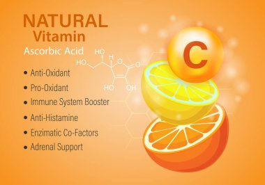 Turuncu ve limonlu turuncu. Doğal C vitamini kavramı, C vitamini ve sağlık formülü. Vektör illüstrasyonu.