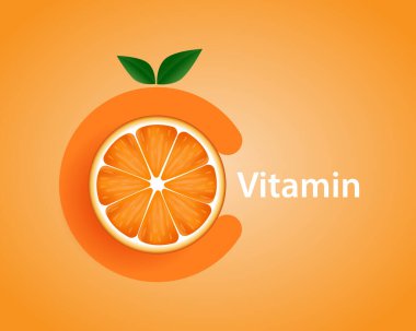 Doğal C vitamini, turuncu. C harfi üzerinde iki yeşil yaprak ve bir şirket logosu veya sembolü olan C vitaminini gösteren dilimlenmiş bir portakal. Vektör illüstrasyonu