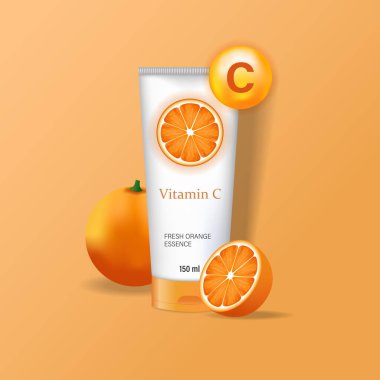 Portakalların yanında parlak bir tüpte C vitamini kremi. Cilt bakımı, makyaj ve kadın güzelliği konsepti için bir kozmetik ürün konteynırı. Vektör illüstrasyonu
